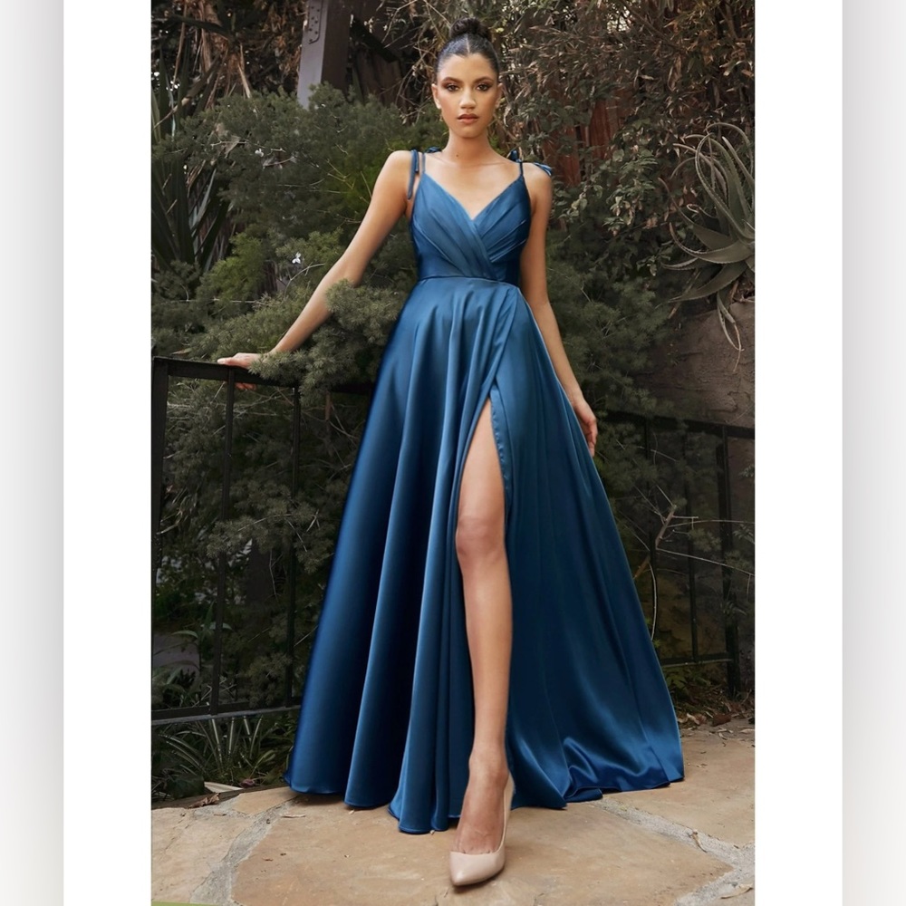 NWT Cinderella Divine Blue Satin Prom Dress - V Neck, Wrap, Spaghetti Strap